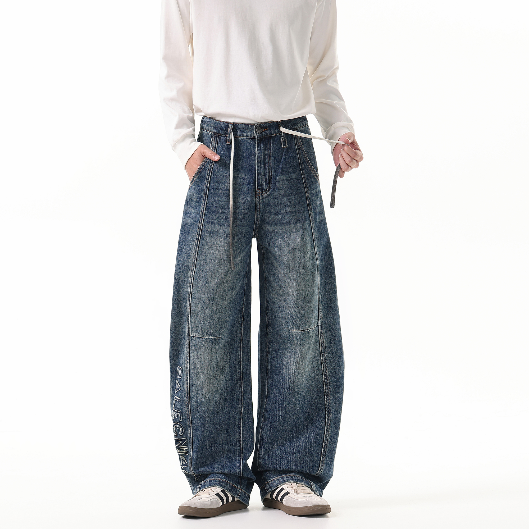 新款秋冬弯牛仔裤男美式水解构设计感抽绳阔腿裤