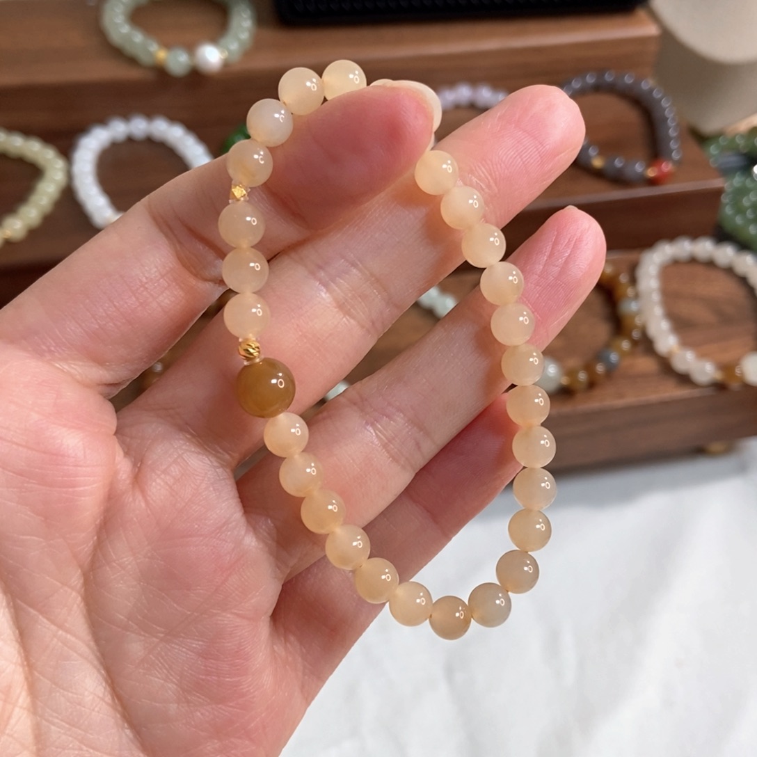 和田玉手链18K金镶嵌6mm糖白小精品