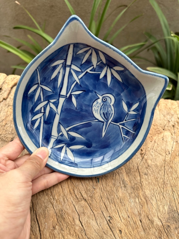 【近山古美】竹子鸟大猫头盘高温手绘釉下青花