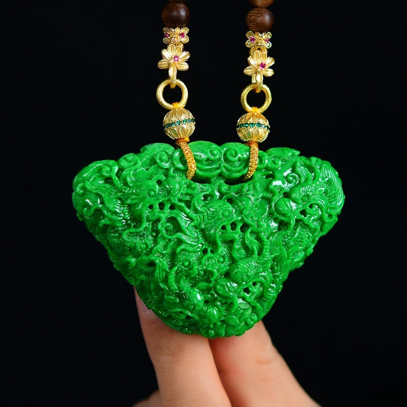 天然A货翡翠花青满辣色九龙护主如意锁设计款