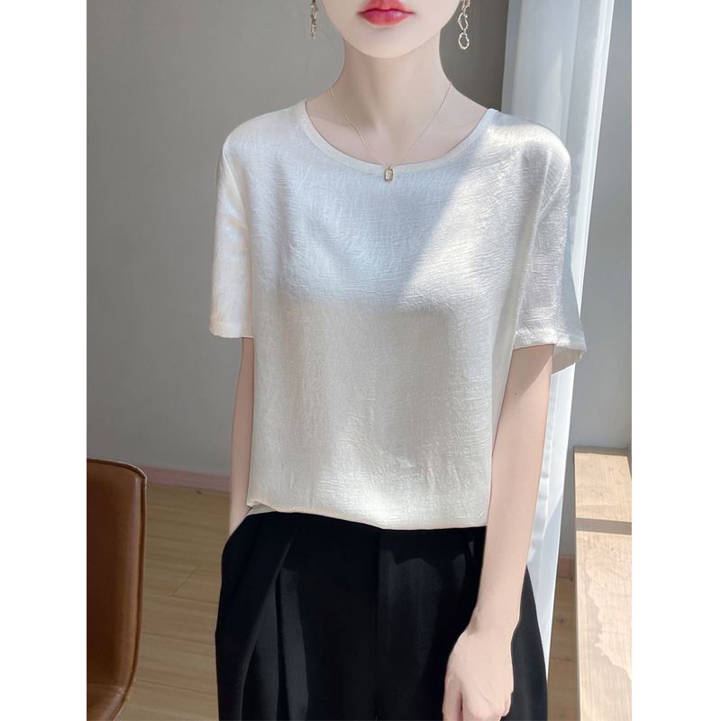 桑蚕丝短袖女士显瘦夏季T恤百搭薄款上衣宽松纯色半袖洋气打底衫