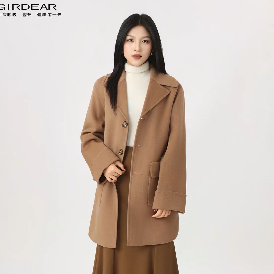 哥弟高端女装保暖绵羊毛呢外套简约中长款大衣女士140046