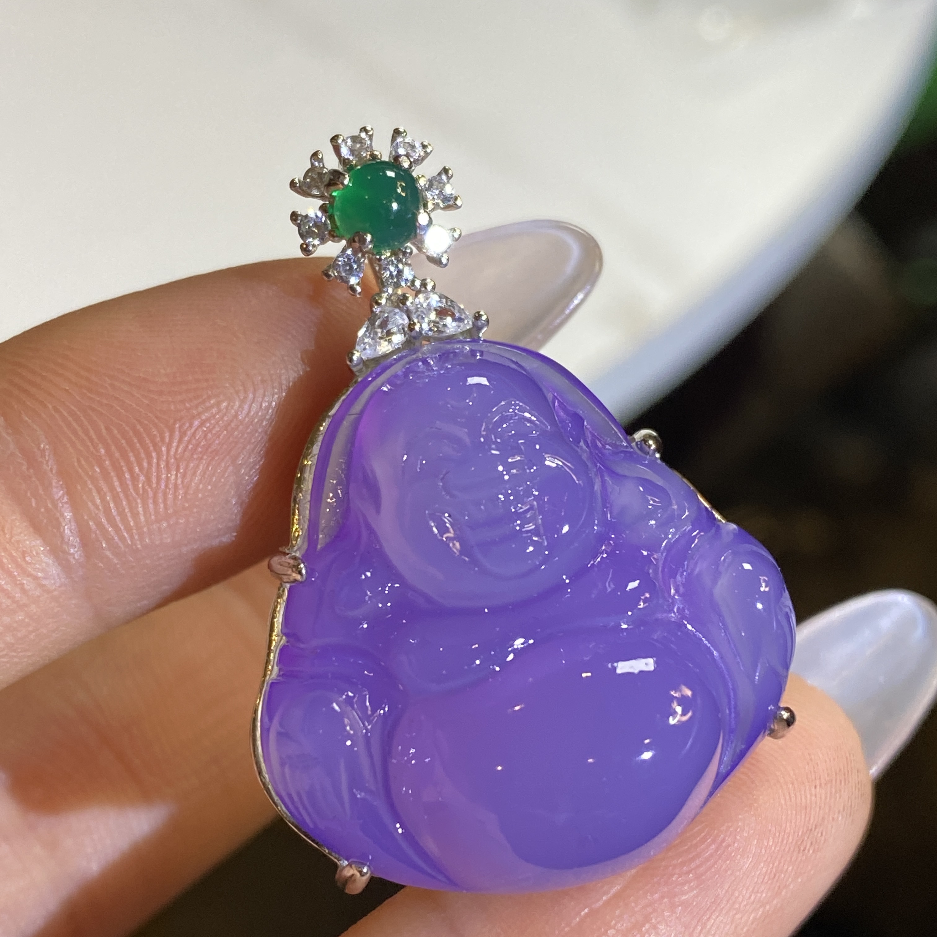 吊坠925银锆石 垫色紫色佛公吊坠弥勒佛大肚佛时尚百搭显白大气款