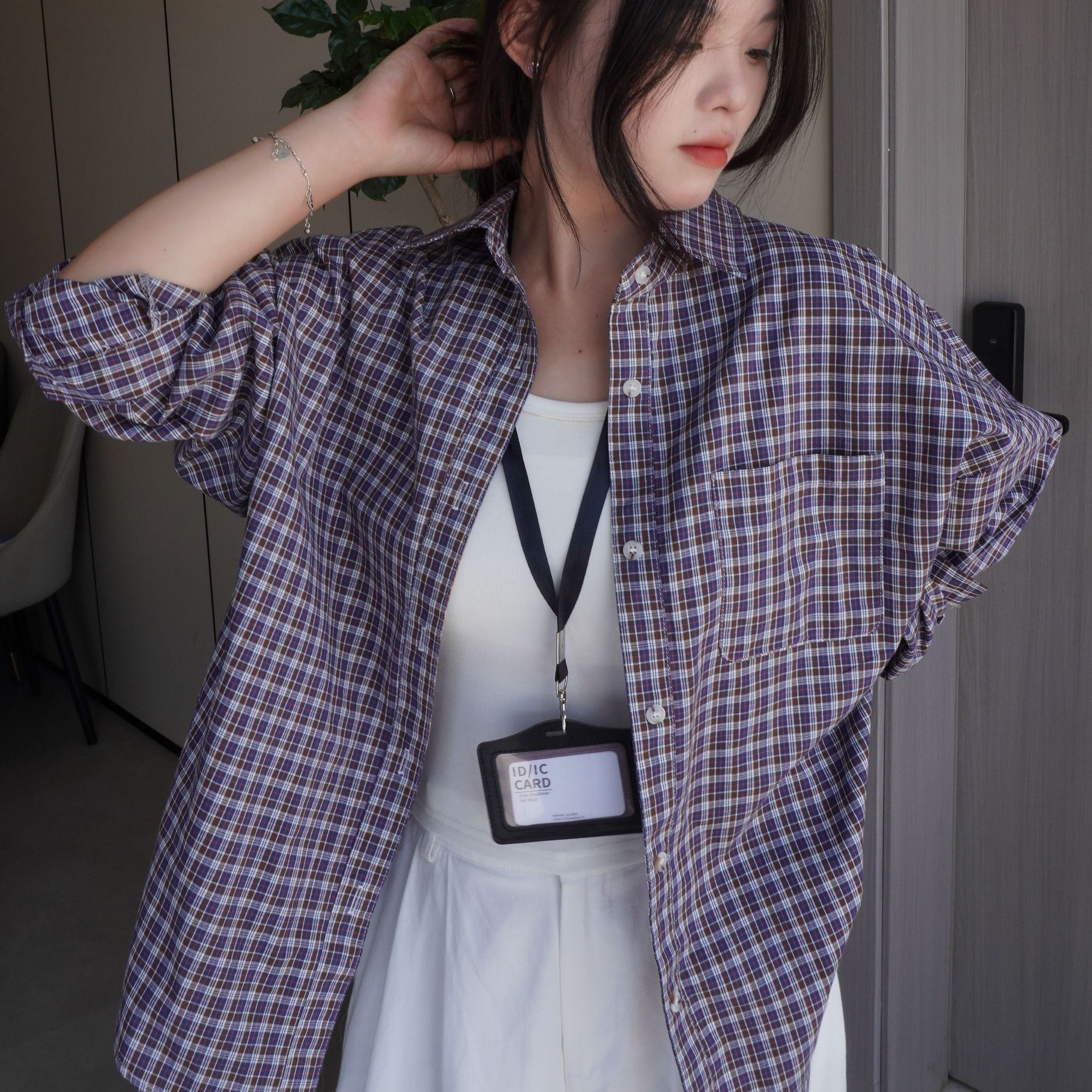 复古长袖基础百搭叠穿格子衬衫女慵懒风休闲格纹宽松休闲衬衣外套