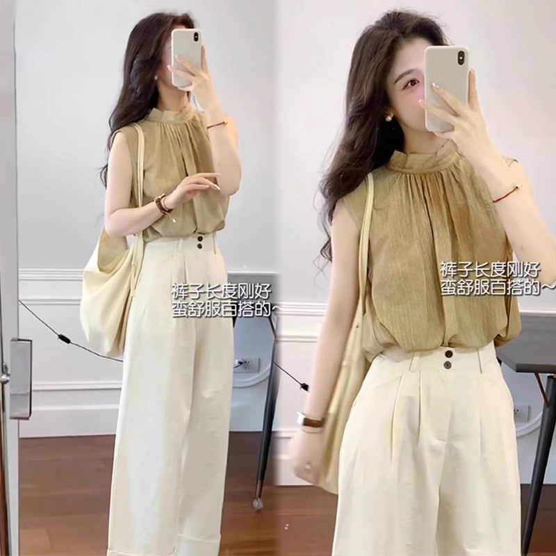 2026春季新款韩系蝴蝶结系带立领无袖衬衫女搭配气质减龄裤子套装