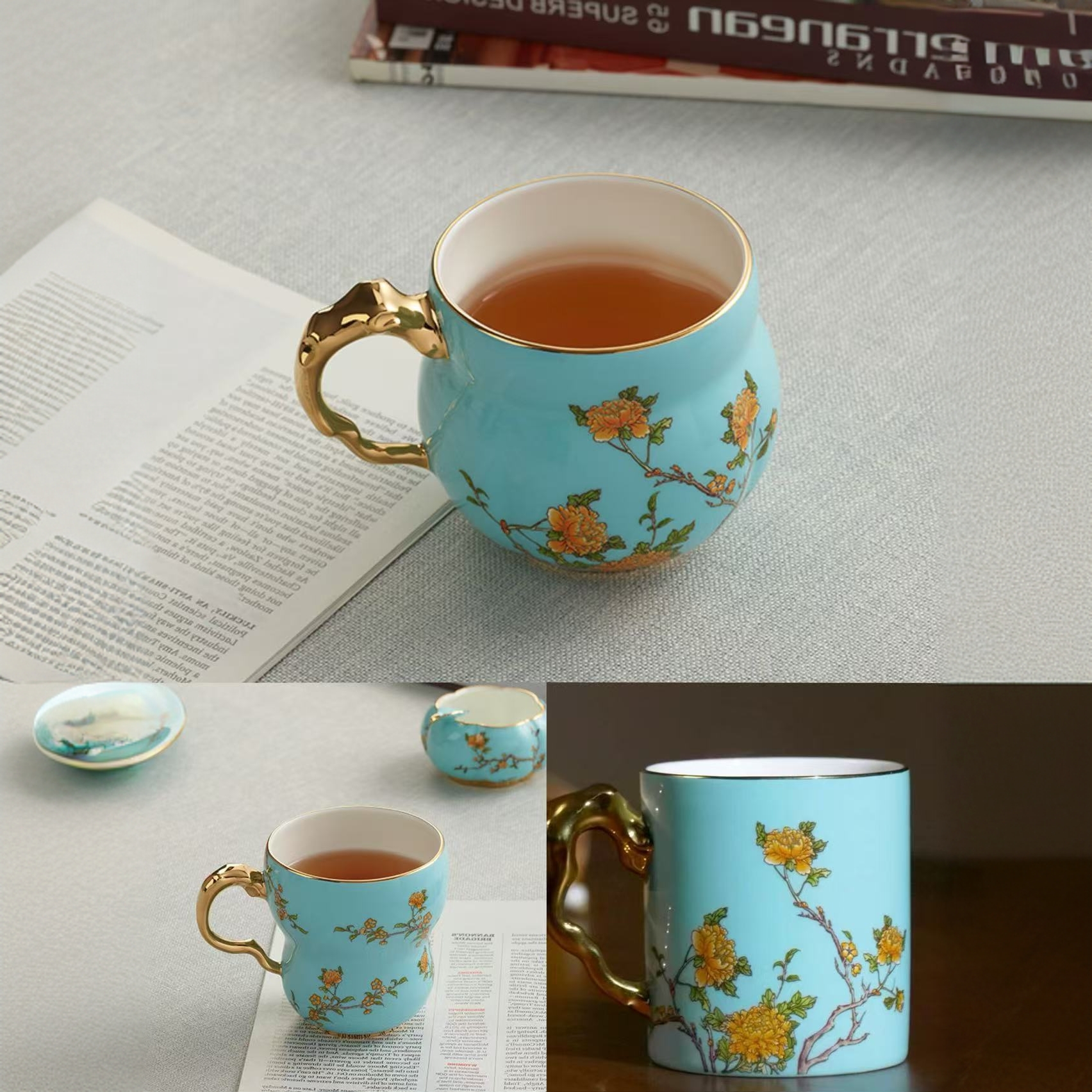 永丰源西湖蓝马克杯280ml，340ml，360ml琴瑟手工描金办公送礼礼盒