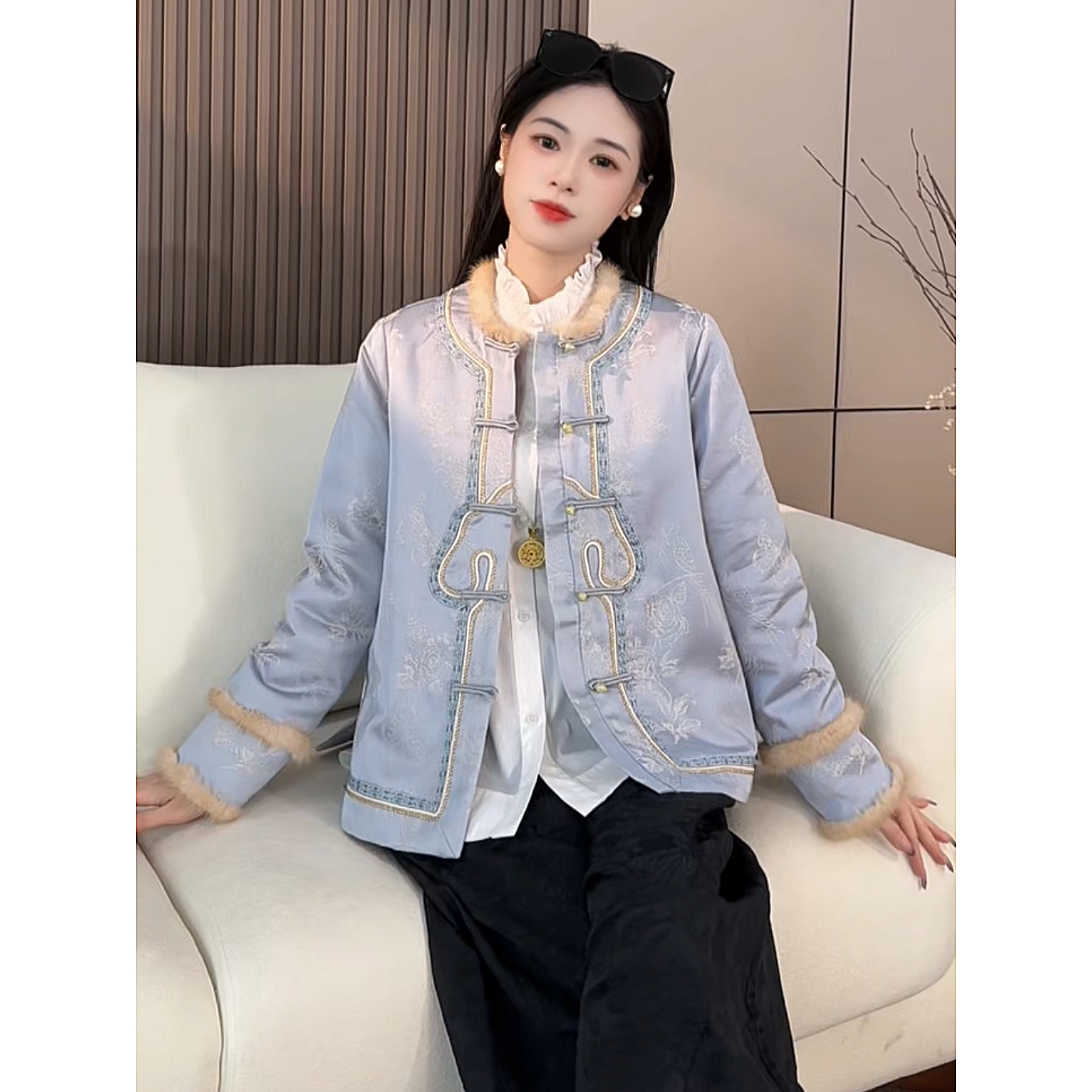 云中鹤中国风棉衣上衣提花厚款常规款长袖棉服圆领古风