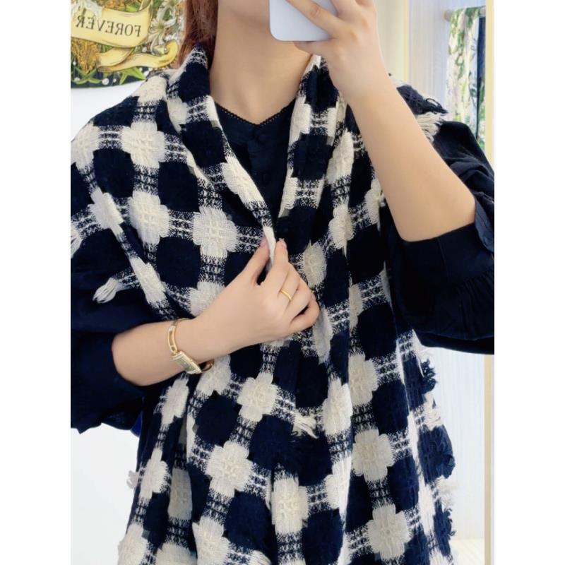 澳洲羊毛时尚毛须边黑白格子180*35长巾围巾镂空披肩百搭保暖L213