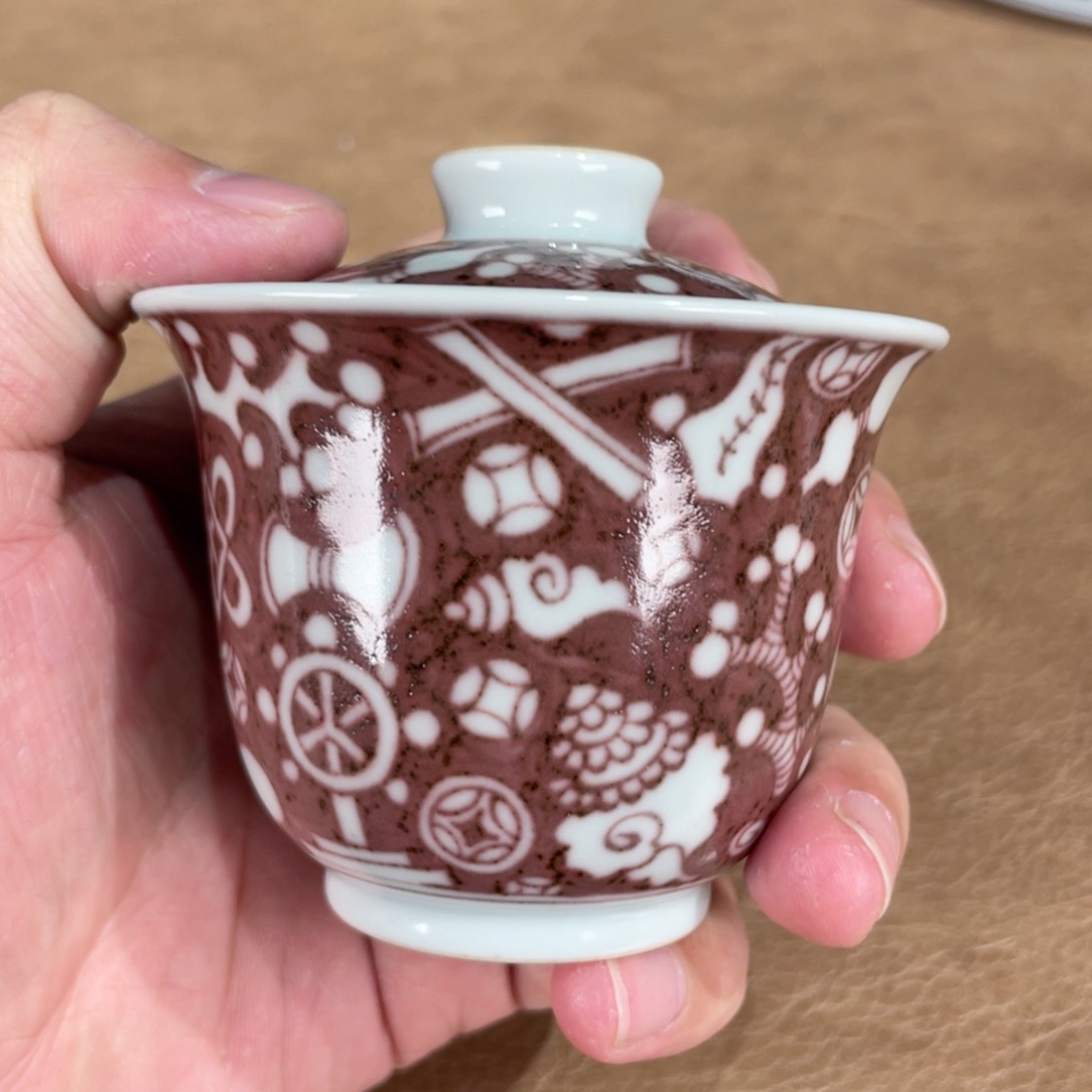 杯用****4古蓝器杂宝釉里红盖碗