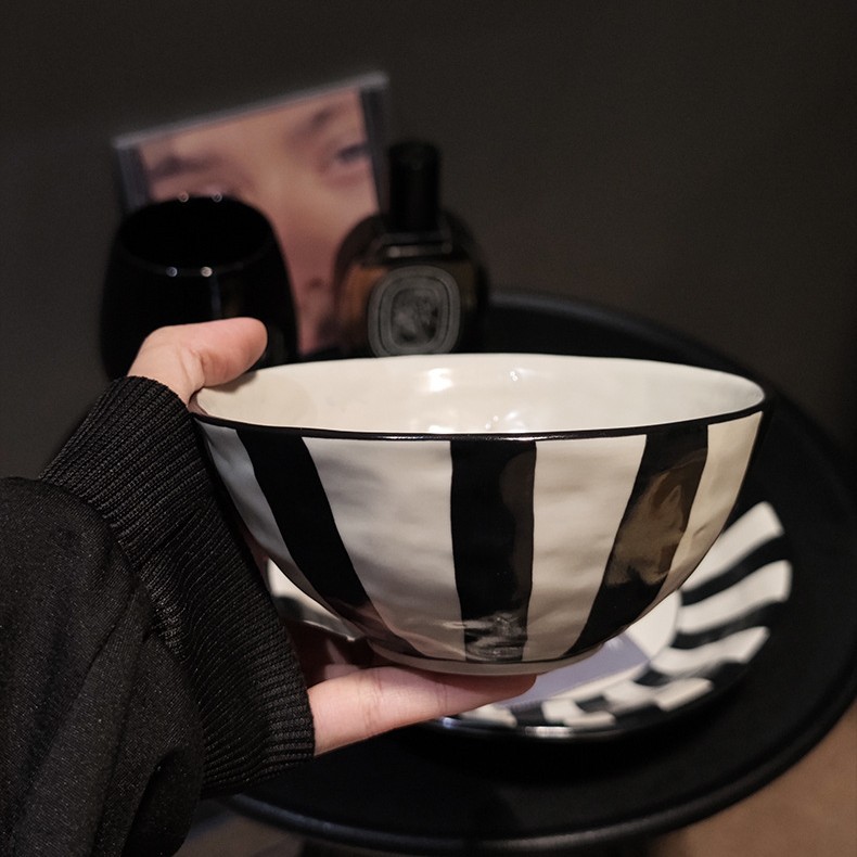 高级韩式ins黑白条纹耐高温陶瓷餐具盘子碗面碗家用饭碗大号汤碗.