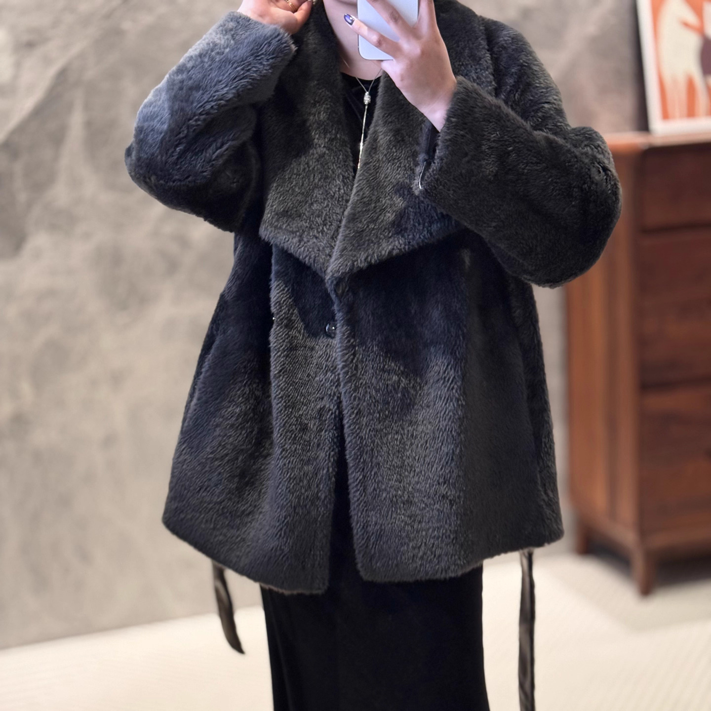 2025冬季Lacon进口小拉贡真羊皮毛一体外套女中长款系带海宁皮草