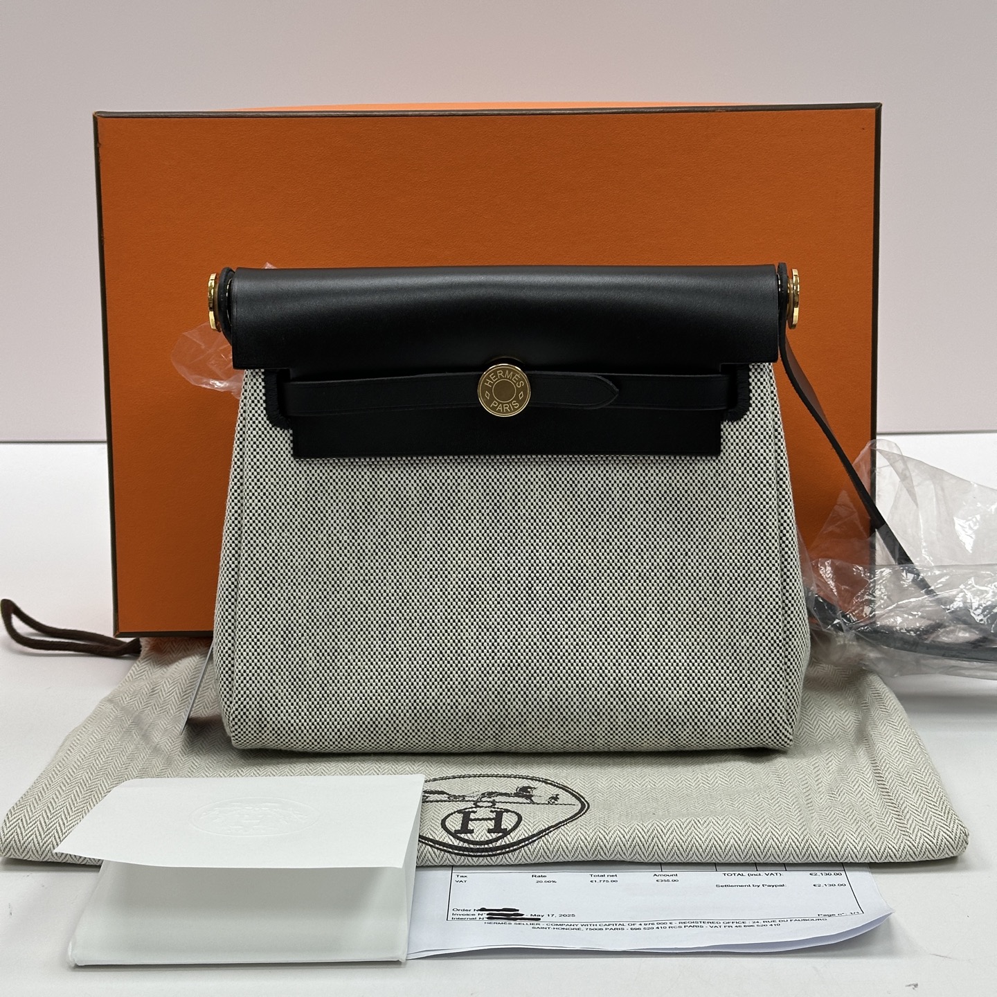 99新 Hermes/爱马仕 黑白熊猫mini herbag单肩斜挎包 09556
