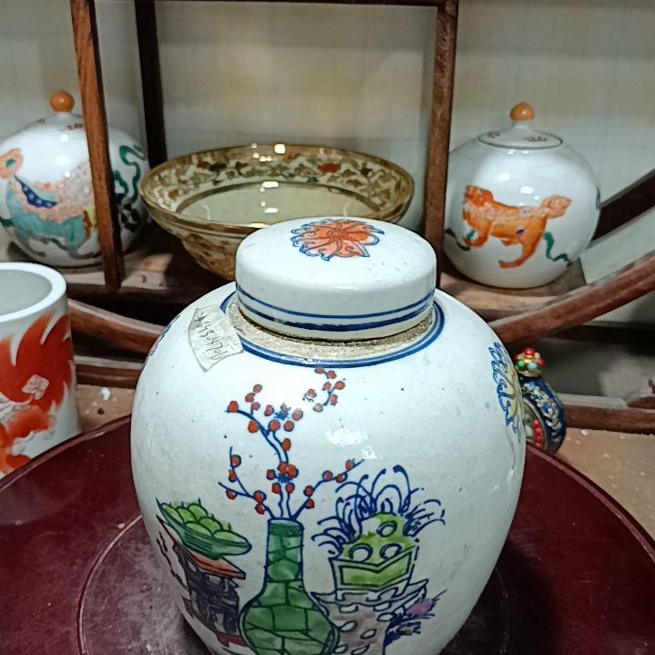 摆件春**烂粉彩手绘花鸟罐子一个