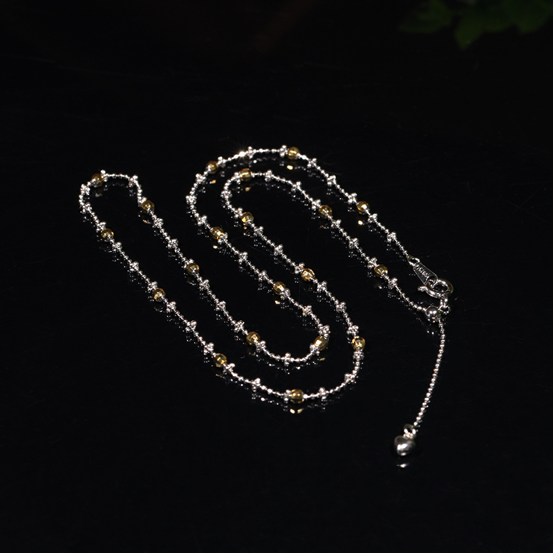 链子925银 【叶叶珠宝】876双色小花镭射隔珠仙女链万能扣调节44cm