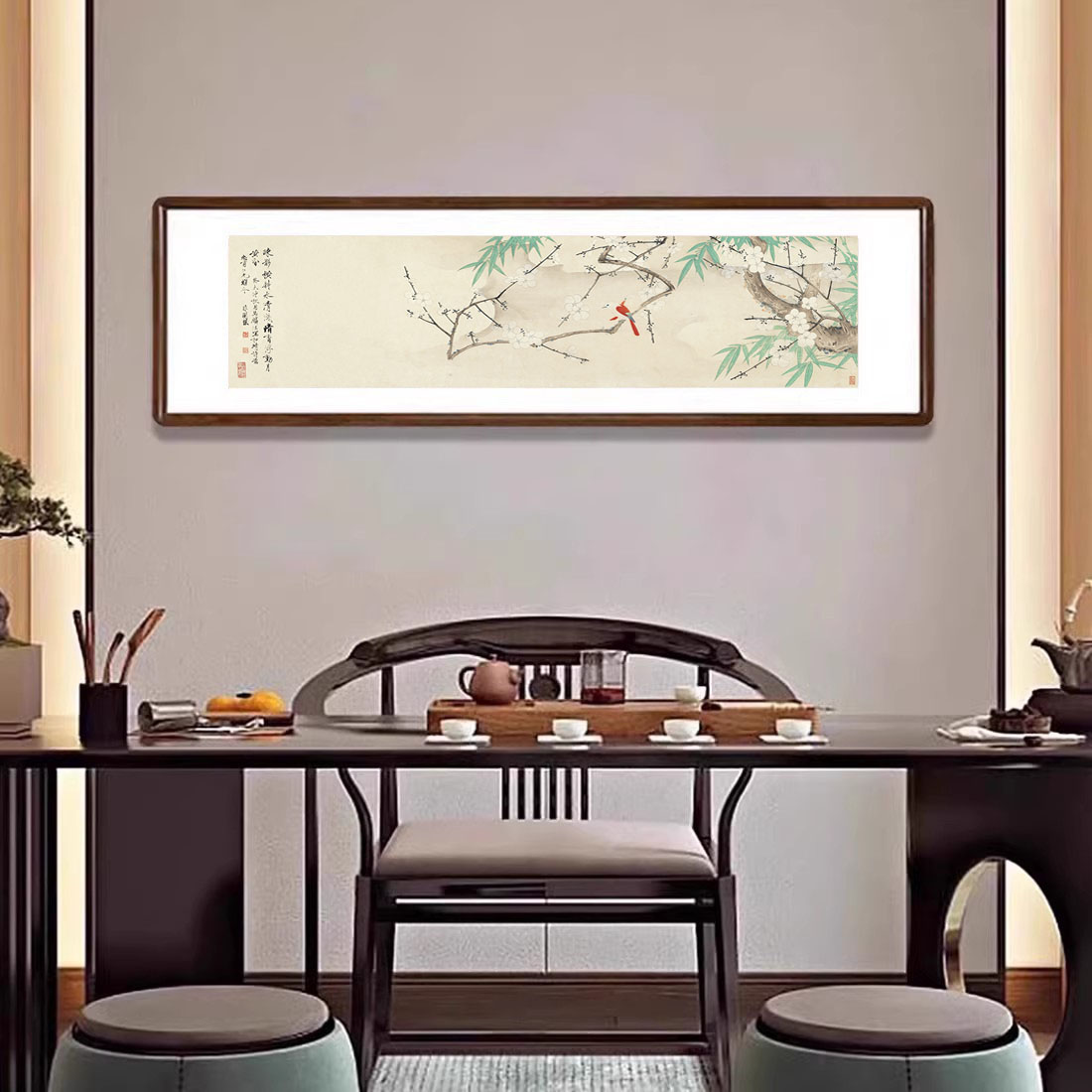 工笔花鸟画梅竹丹雀图新中式客厅背景墙装饰画办公室书房卧室挂画