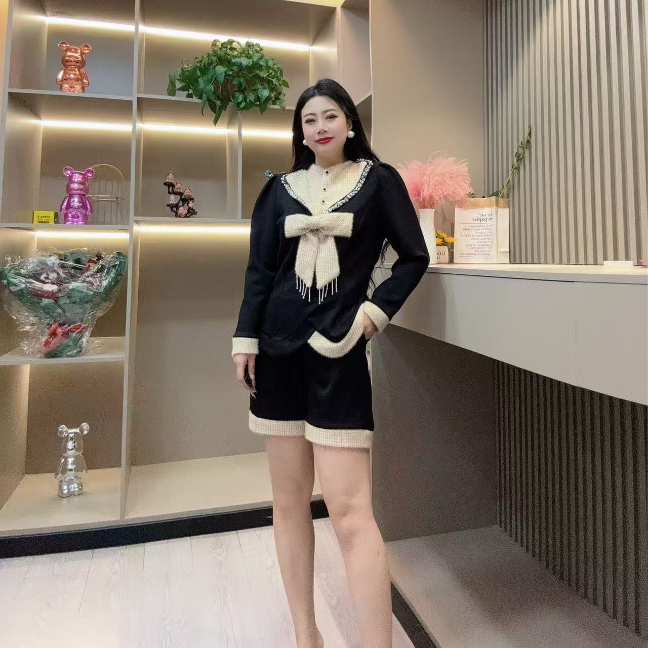 冬季套装-尊 652 时尚潮流小香风蝴蝶结珠珠领款胖MM大码女装新款