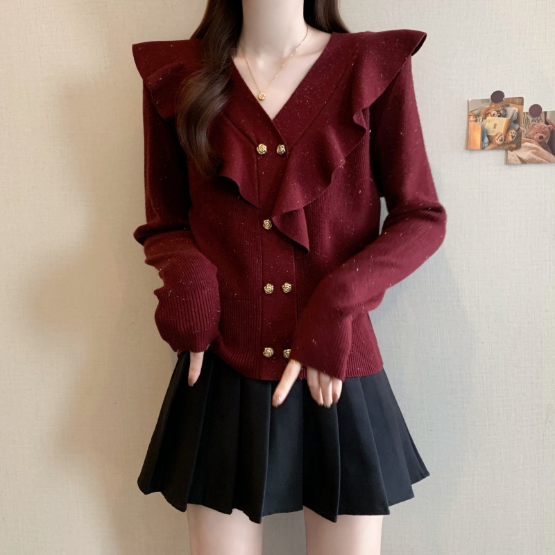 青倾家秋新款大码时尚洋气显瘦V领双排扣套头荷叶边针织衫毛衣