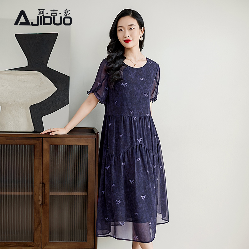 阿吉多法式气质短袖连衣裙女2025新款高级感大码长裙漂亮气质裙子