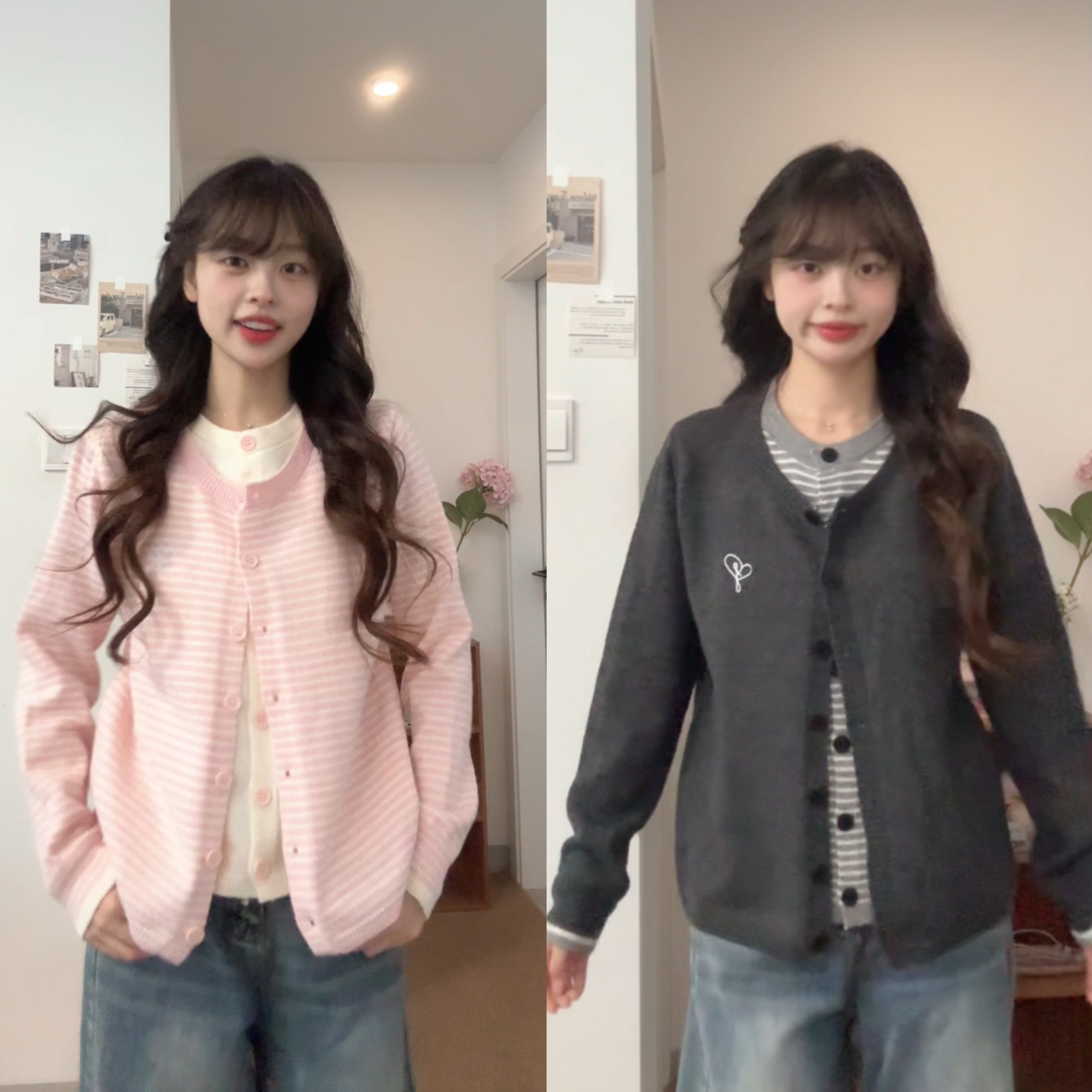 甜圈圈【莓莓芝麻糊】韩版设计感秋季假两件针织宽松毛衣开衫圆领