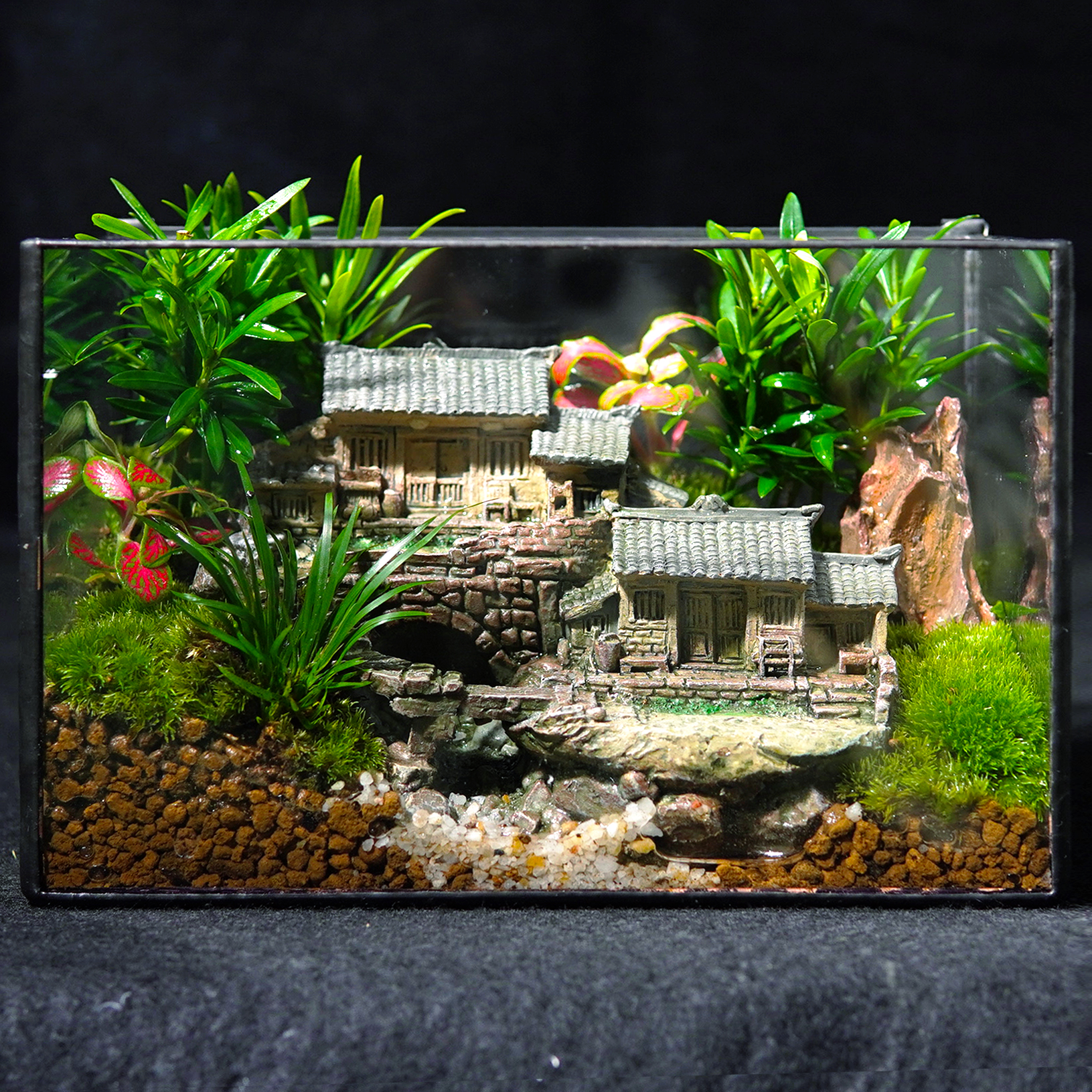 F4【花房小桥流水人家款】12*15*20cm苔藓微景观桌面绿植摆件礼物