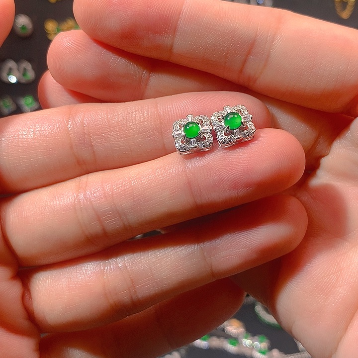 翡翠戒指银S925镶嵌耳钉