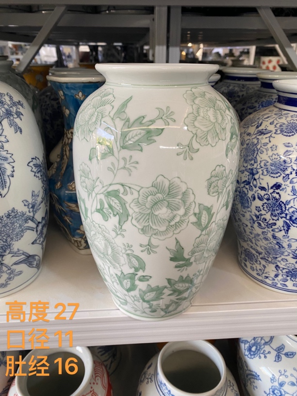 新中式青花瓷陶瓷绿色牡丹花花瓶客厅玄关装饰品水养插花高档