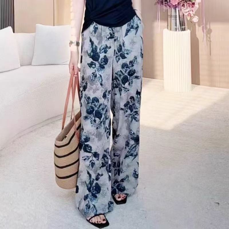印花高腰扎染长裤薄款休闲宽松夏季直筒裤BBYH20250004