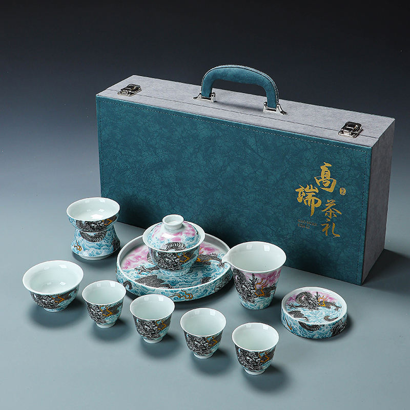 中式云龙墨彩陶瓷功夫茶具套装可悬停旋转三才盖碗公司活动伴手礼