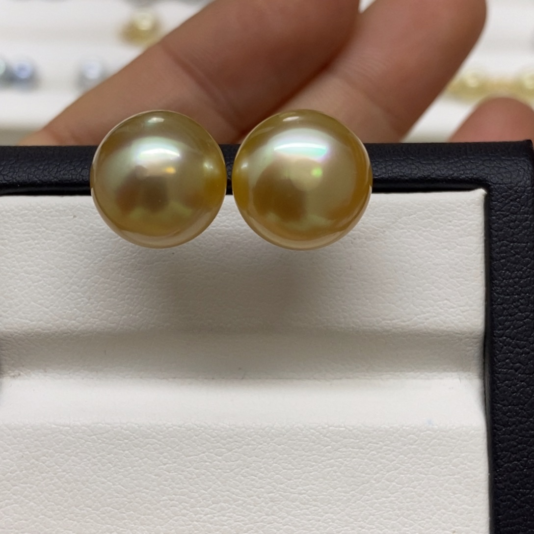 银S925镶嵌耳饰海水珍珠浓金馒头素钉12-13m m