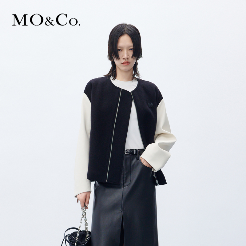 【陈大可专属】【防寒】MOCO秋皮袖拼接绵羊毛无领外套MBC3COTT15