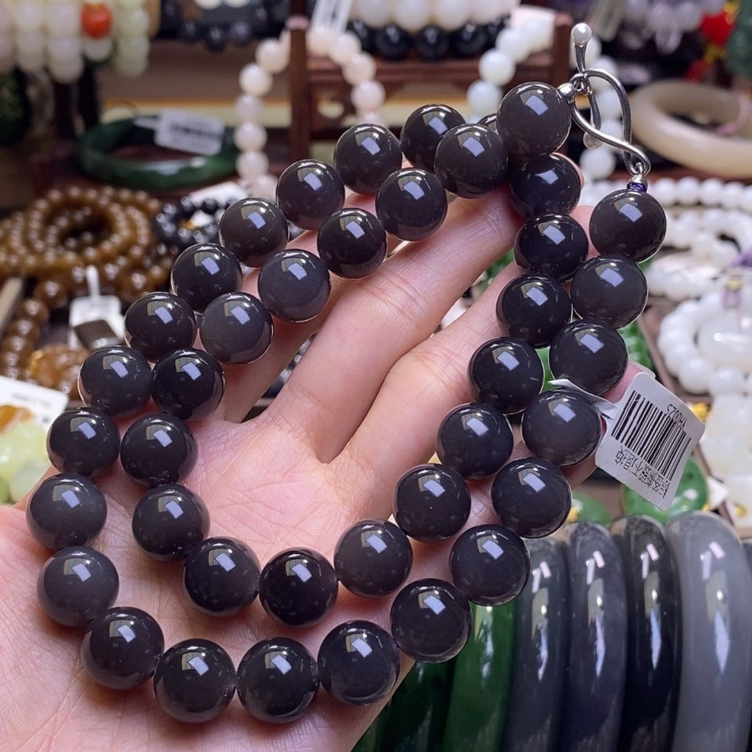 颈饰未镶嵌和田玉浓烟紫银镶妈妈链12MM