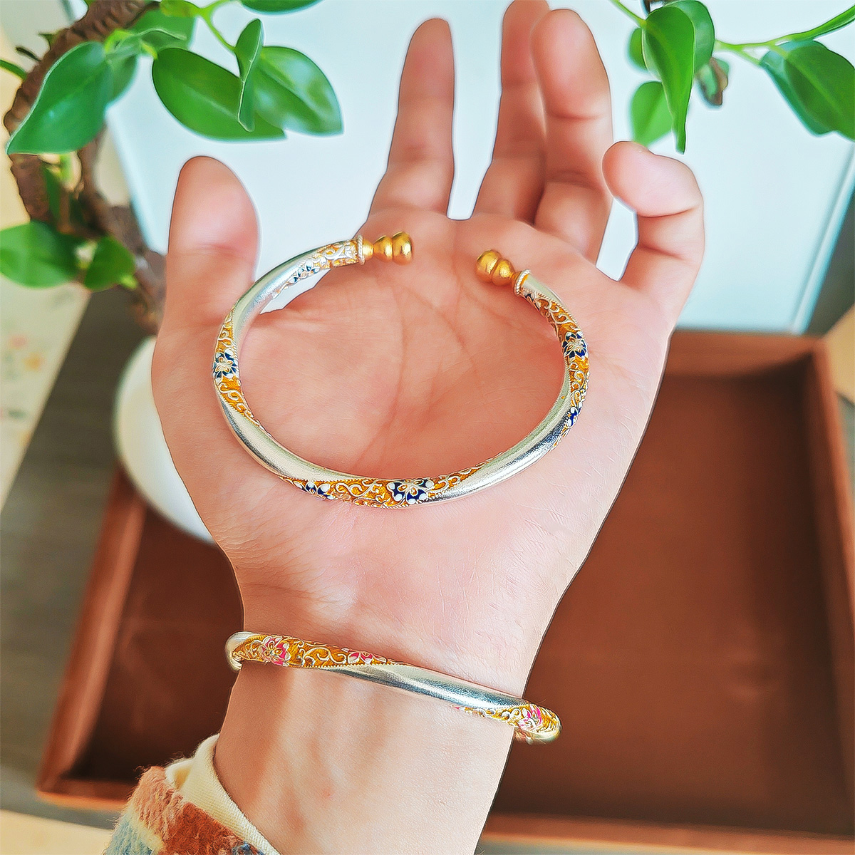 足银珐琅手镯  b100/b101描金珐琅葫芦开口手镯可调时尚26
