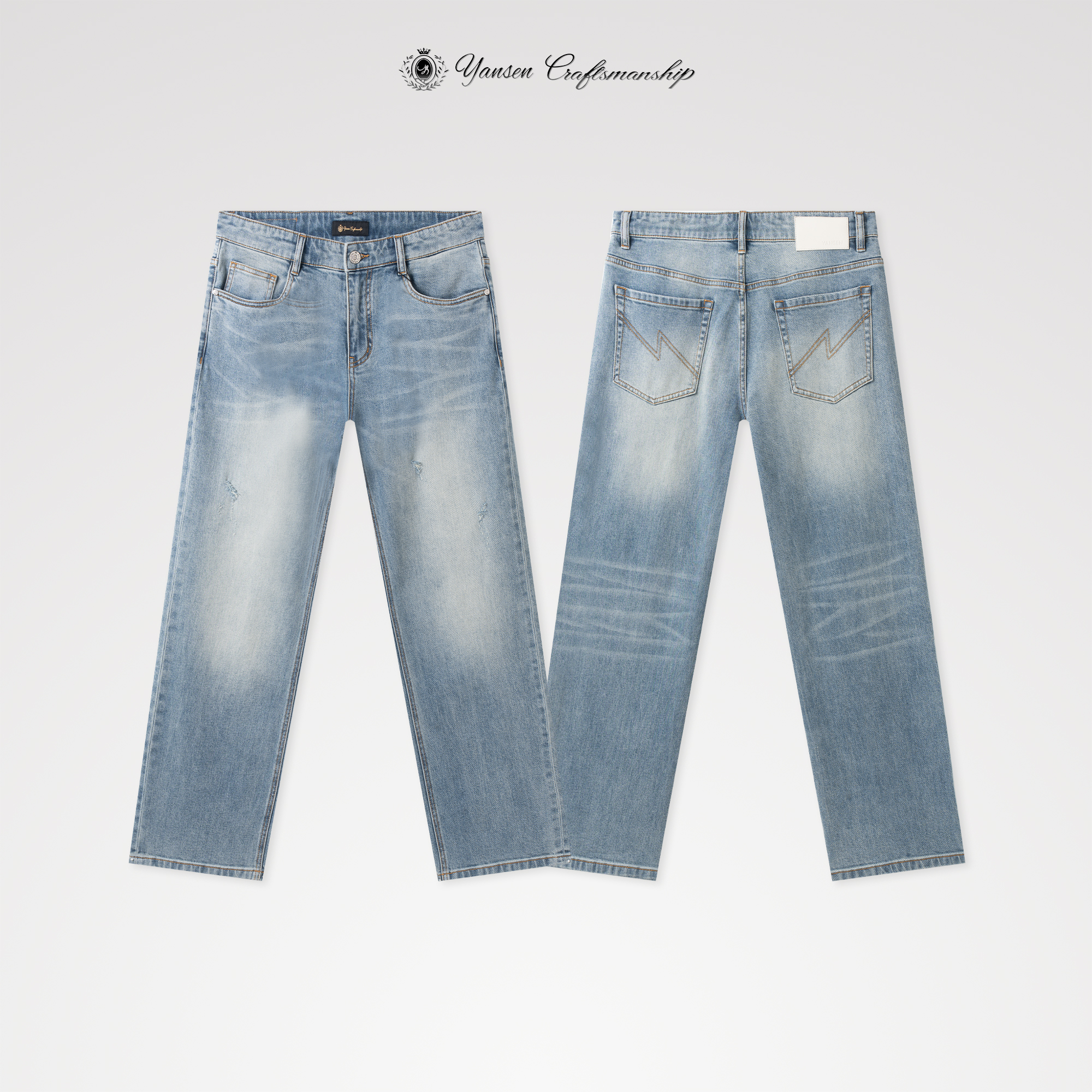 “重工水洗“手擦猫须 脚口磨破 直筒牛仔裤 YS116