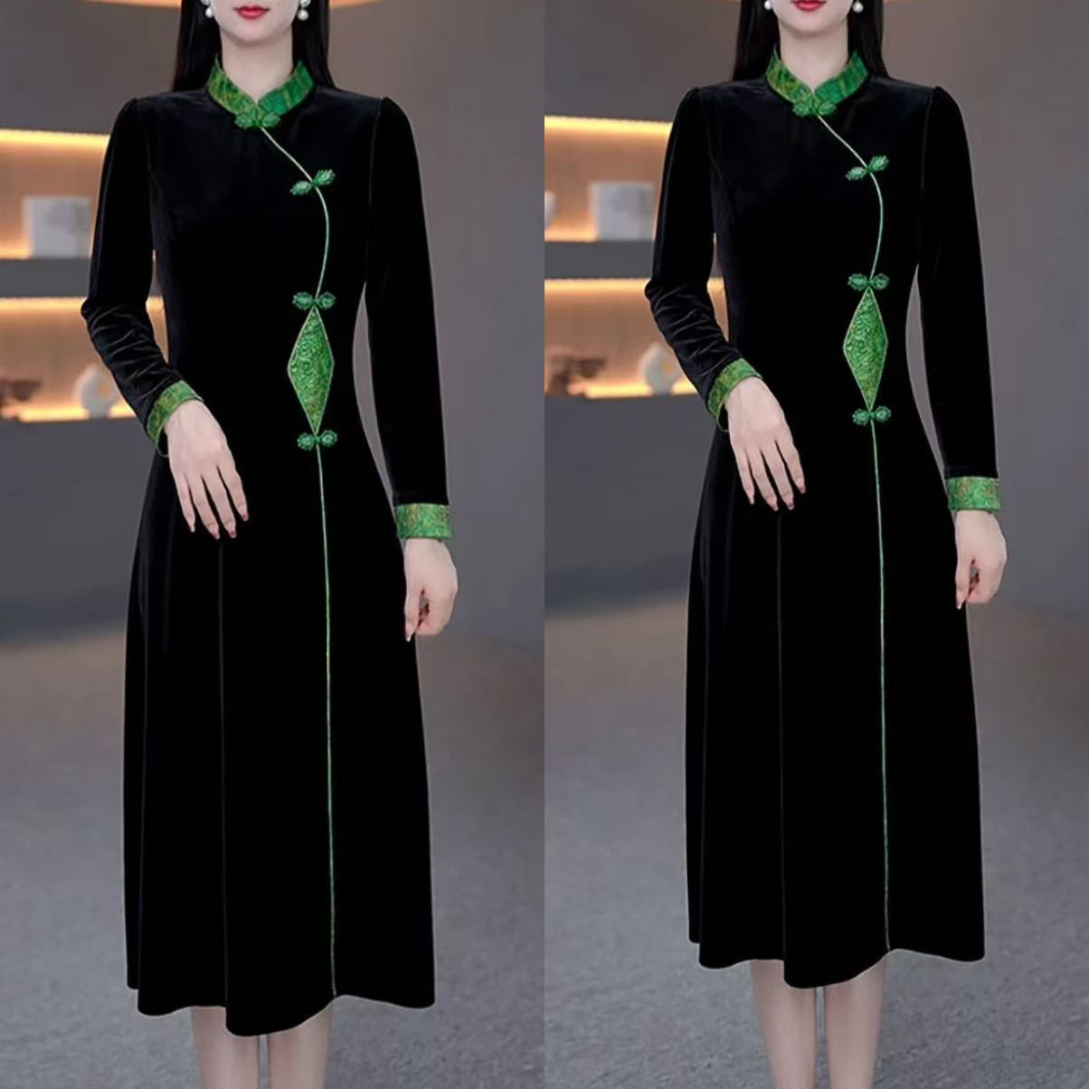 【吉遇优选】3410-00#新款重磅植绒气质盘扣拼色气质显瘦连衣裙