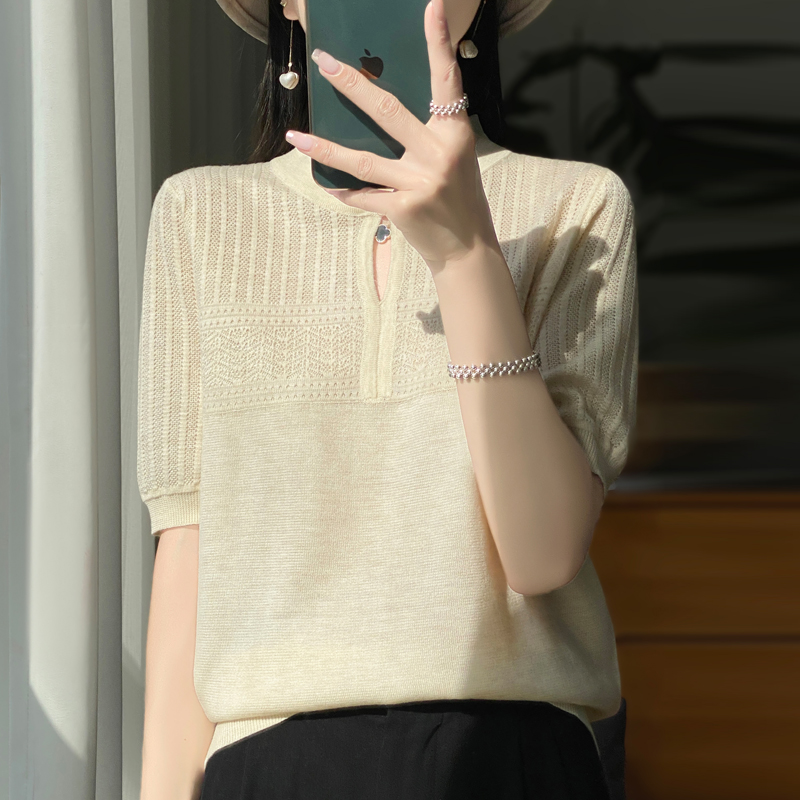 精纺羊毛中式蕾丝立领短袖t恤女士百搭