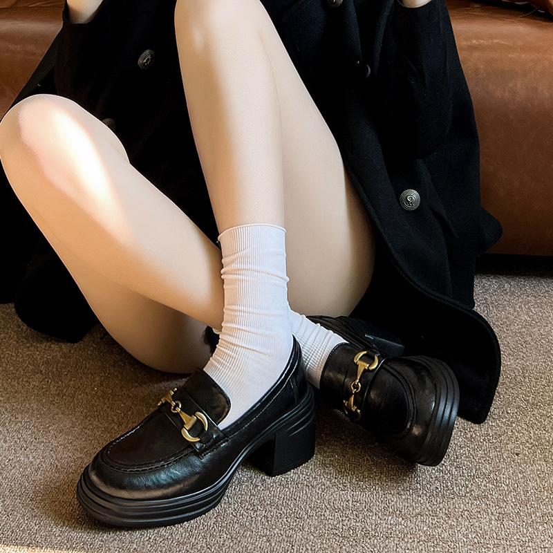 7CM 真皮厚底乐福鞋女英伦风马街扣小皮鞋女高跟粗跟一脚蹬单鞋女