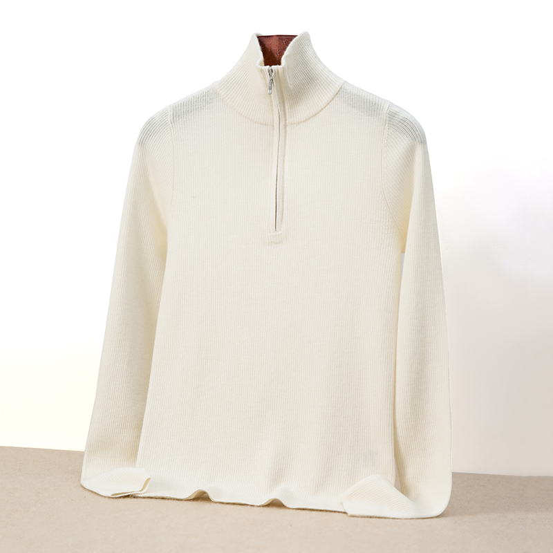 精纺半拉链抽条女半高领 半开拉链休闲针织毛衣100%纯山羊绒针织