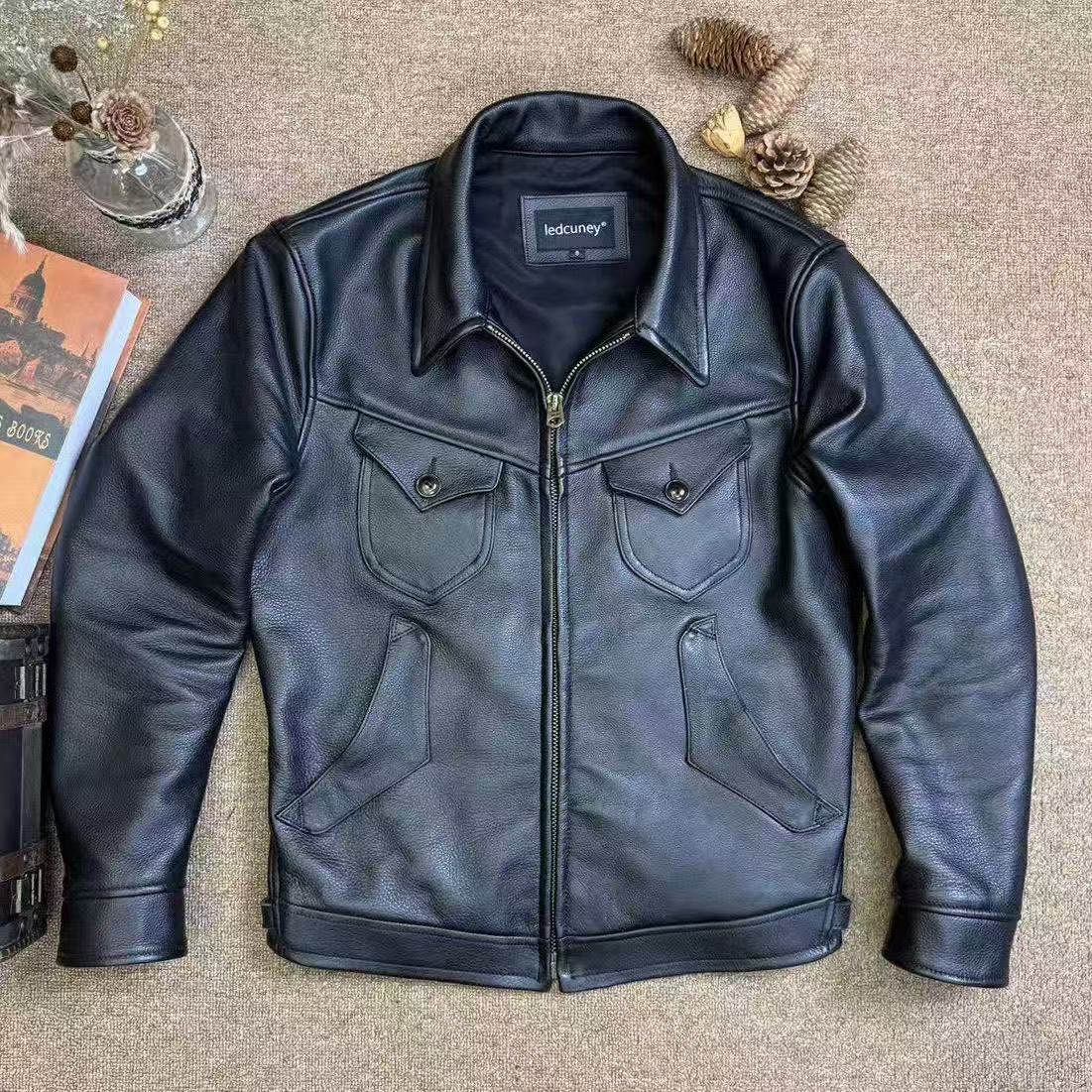 门多萨复古RL皮衣重磅1.6mm自然甩无涂头层头层牛皮夹克 翻领外套