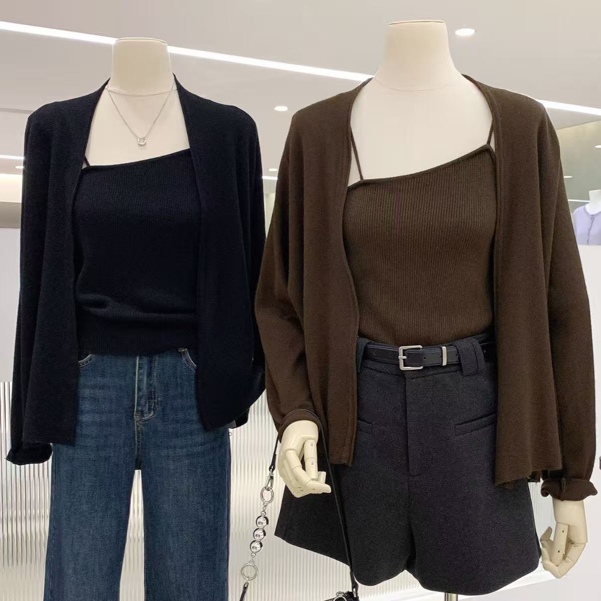 晚古欧 百搭气质不规则吊带弹力针织两件套