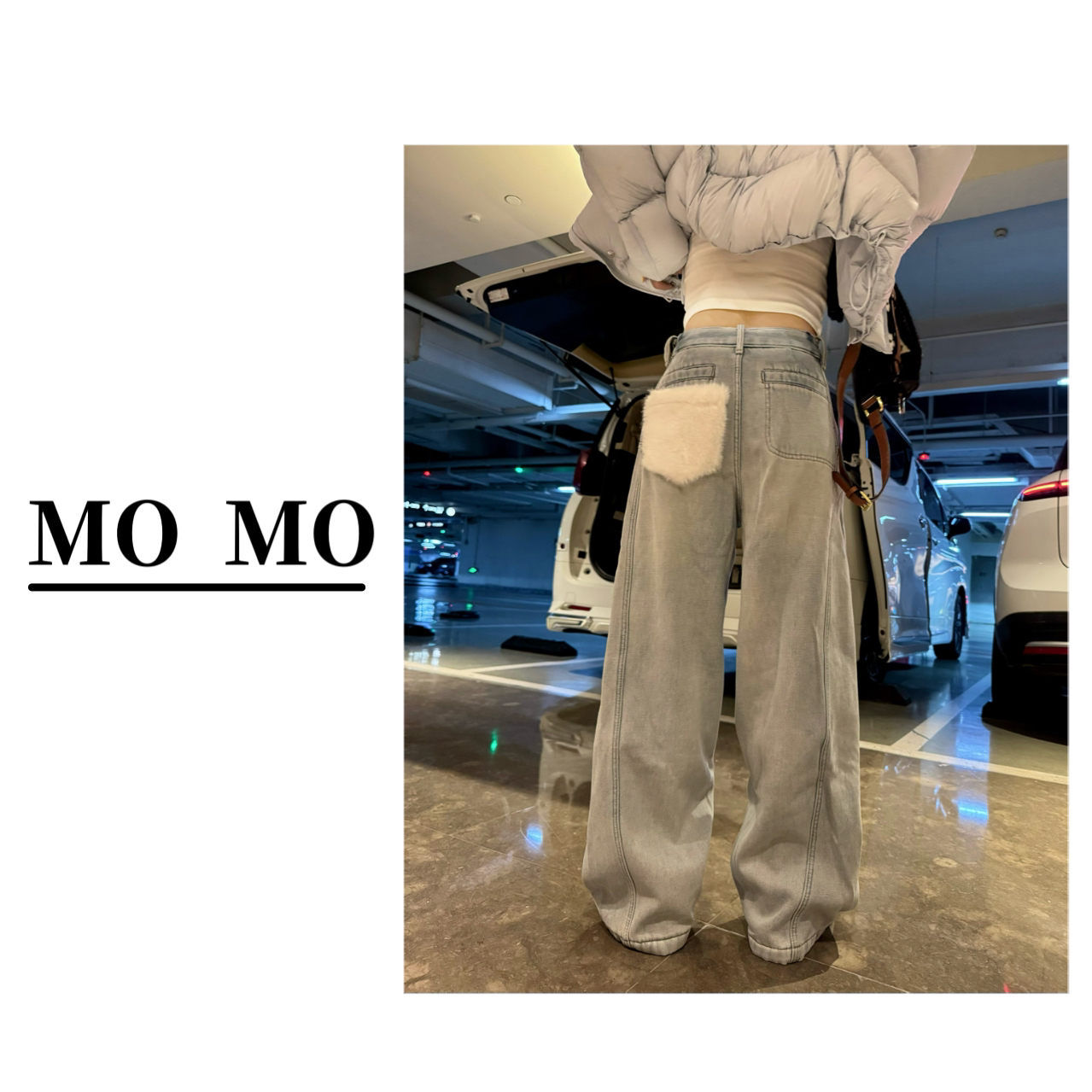 MOMO【双口袋加绒牛仔裤】2025新款百搭高腰宽松直筒阔腿牛仔裤