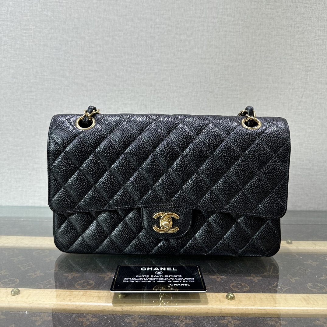 95新 Chanel/香奈儿 荔枝纹黑金CF中号链条单肩斜挎包 31196