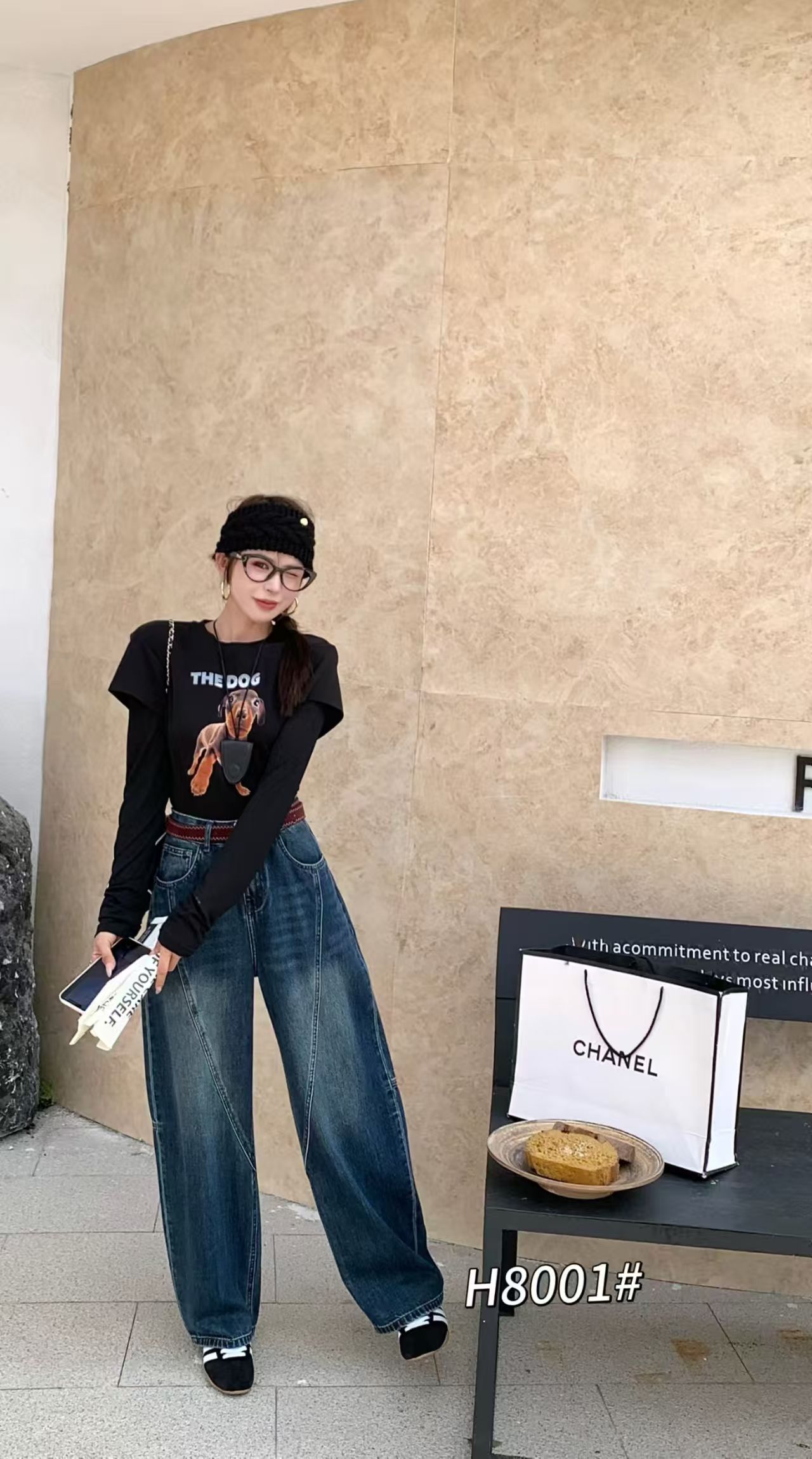 女黑色百搭秋长裤工装风牛仔裤直筒慵懒风弯刀裤H8001