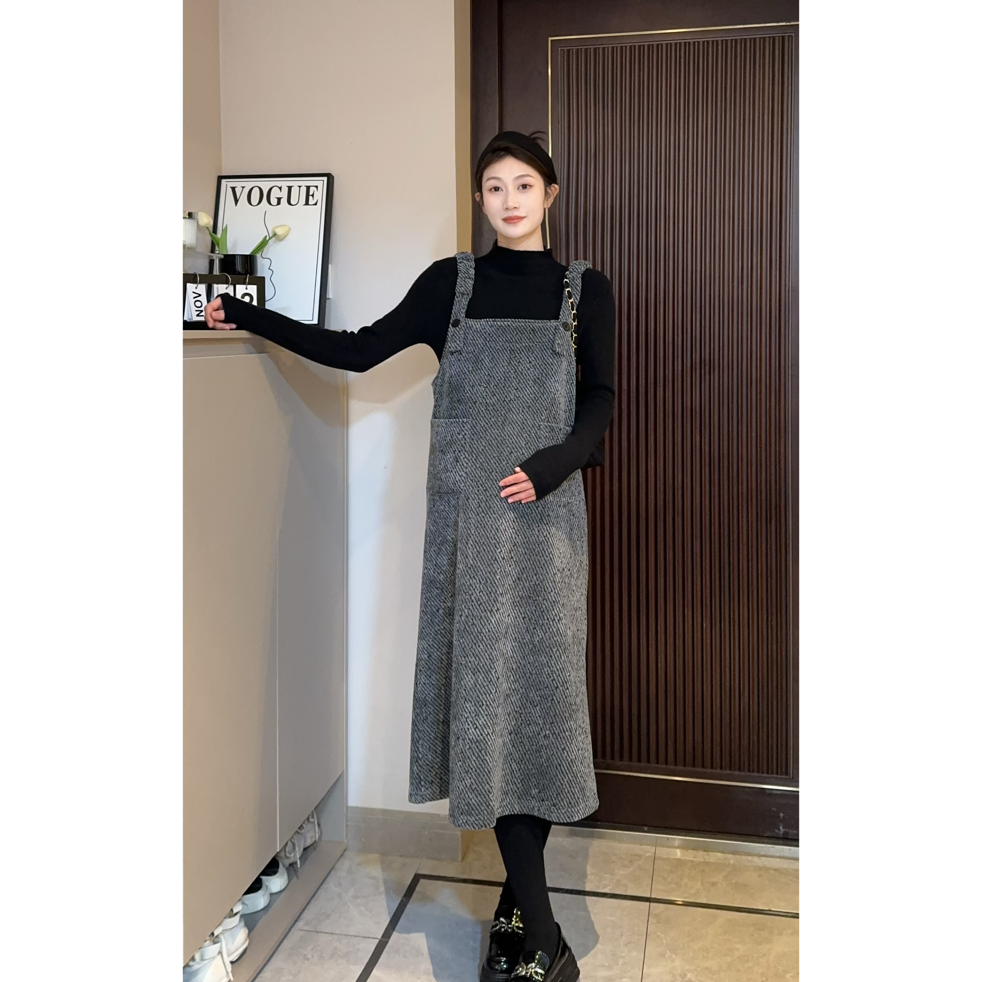 孕妇秋冬口袋加绒背带裙57820