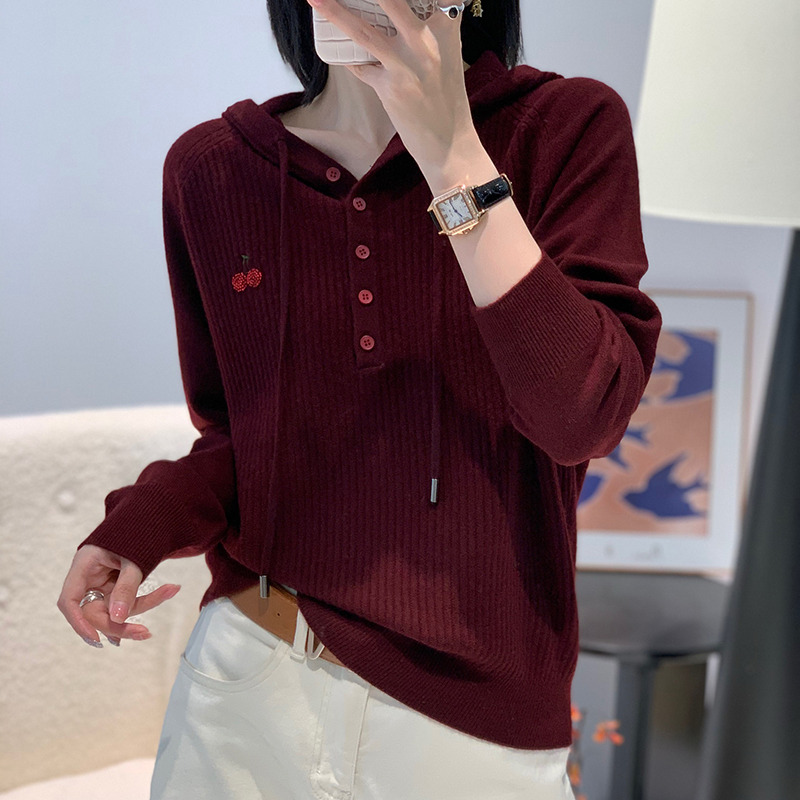 秋冬新款连帽宽松显瘦长袖针织衫洋气减龄羊毛帽衫女066-1034