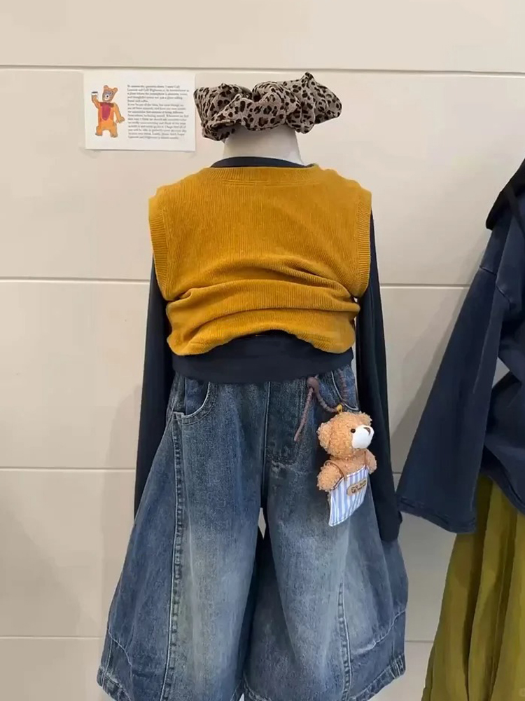 女童秋装套装2025新款网红儿童洋气背心上衣女宝休闲牛仔裤三件套