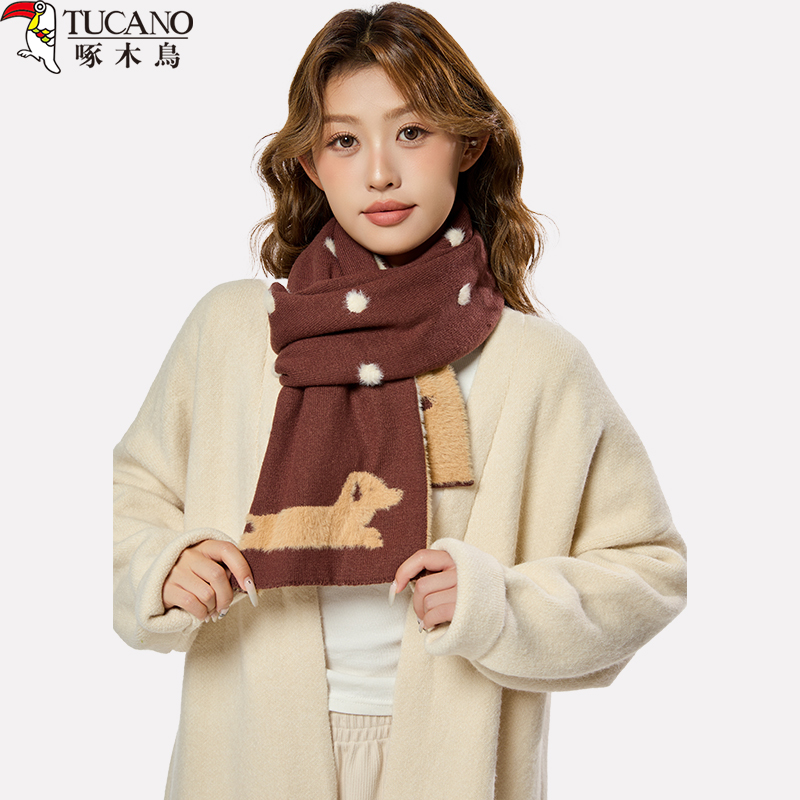 啄木鳥2025年新款围巾女冬季保暖卡通小狗韩系高级感毛绒围脖学生