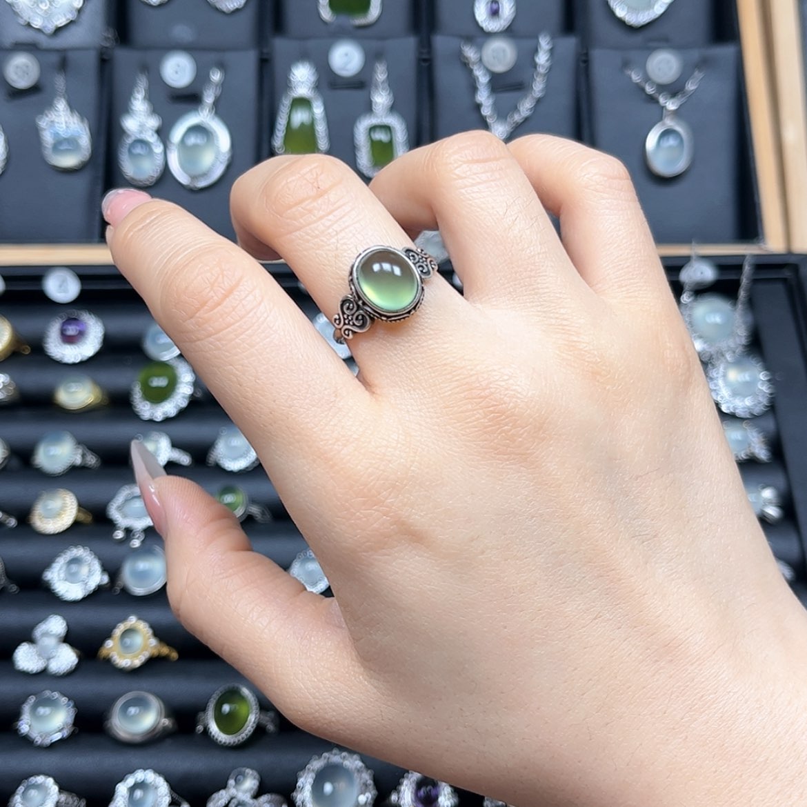 【闪购商品】岫玉戒指银S925镶嵌6*岫玉