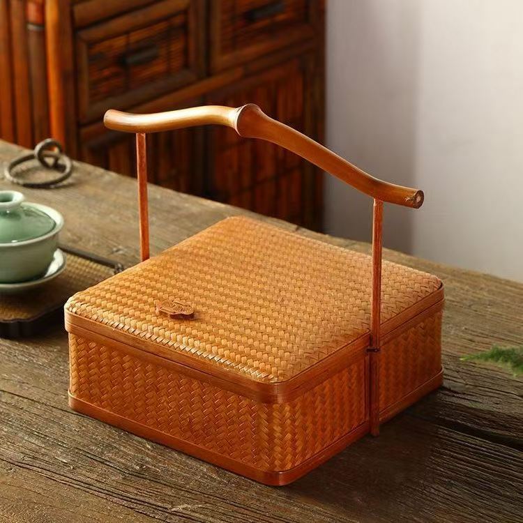筇竹提手竹编大漆提篮月饼收纳筐家用普洱茶盒点心篮食盒