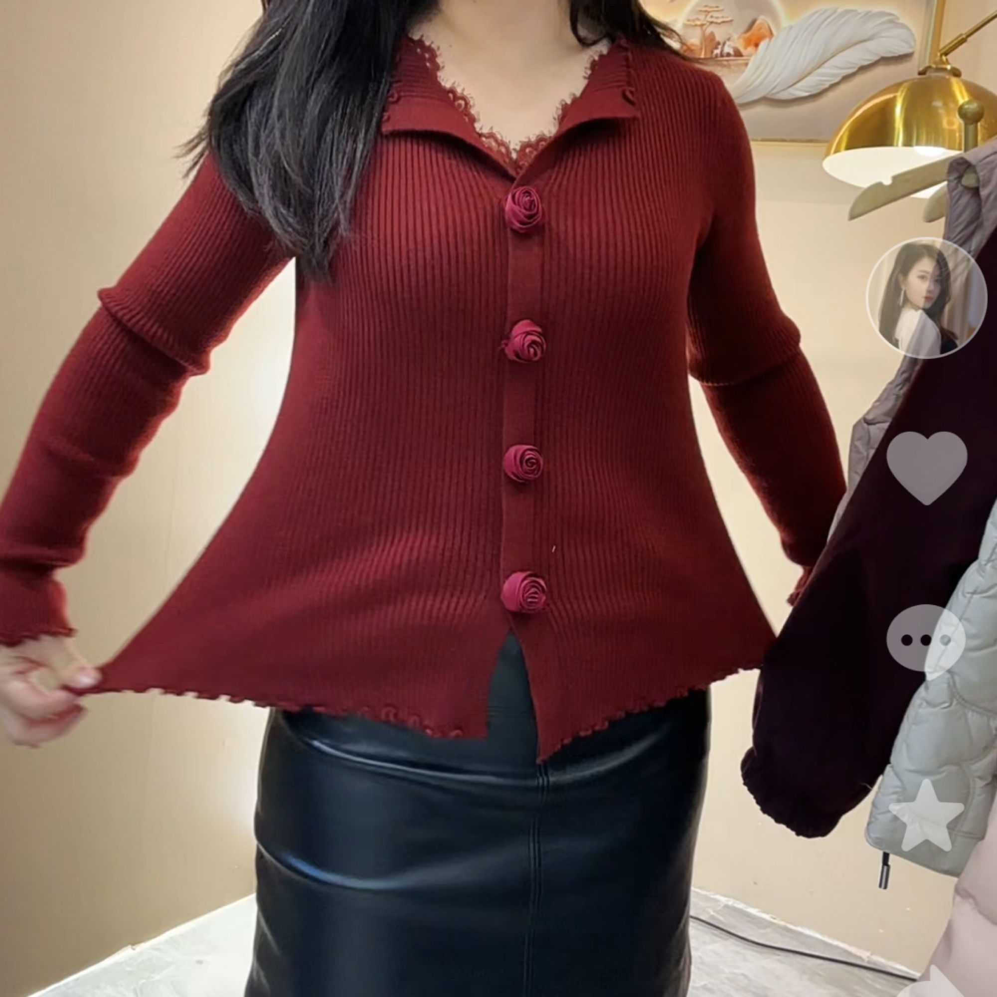 【俊端推荐】冬季立体花朵蕾丝拼接针织衫女长袖修身内搭打底衫上衣