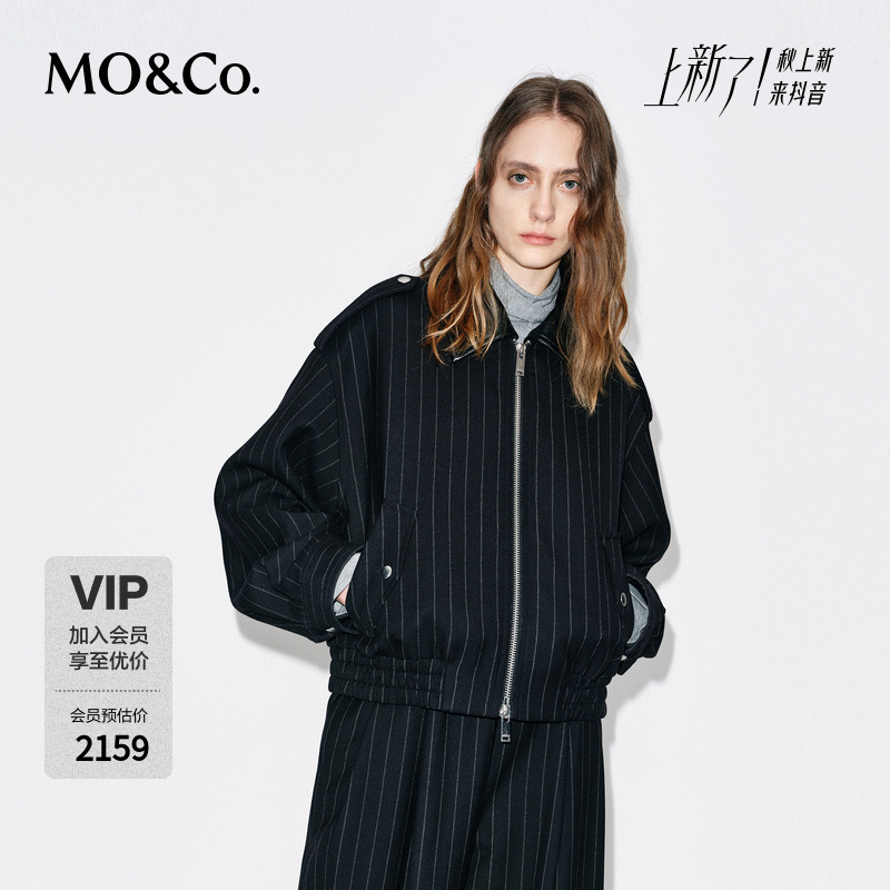 MOCO外套2025冬新品美丽诺绵羊毛可拆卸皮领条纹棒球服MBE4COTT10